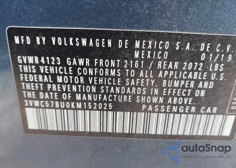 2019 Volkswagen Jetta 1.4T R-Line/1.4T S/1.4T Se из США, поврежденный, VIN 3VWC57BU0KM152025